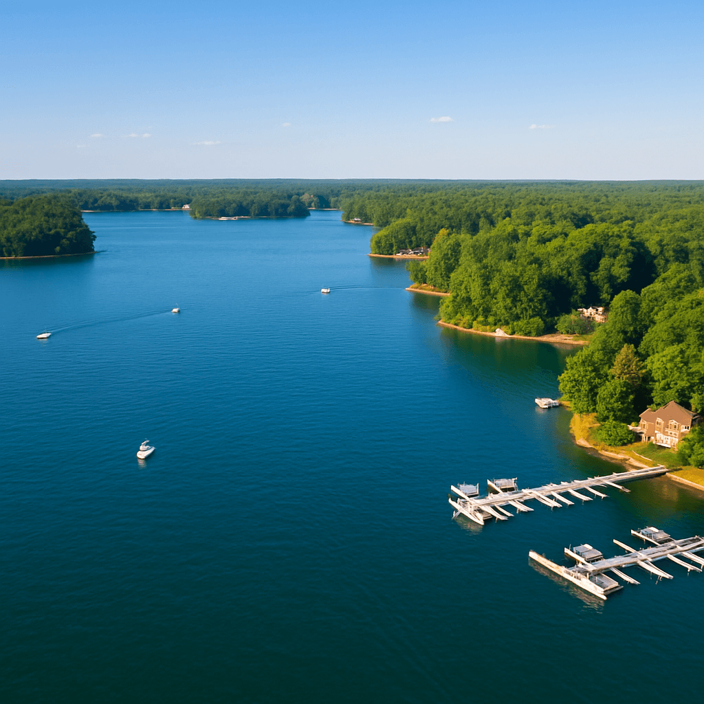 Aerial view of Lake Norman, North Carolina with boats, marinas, and forested shoreline