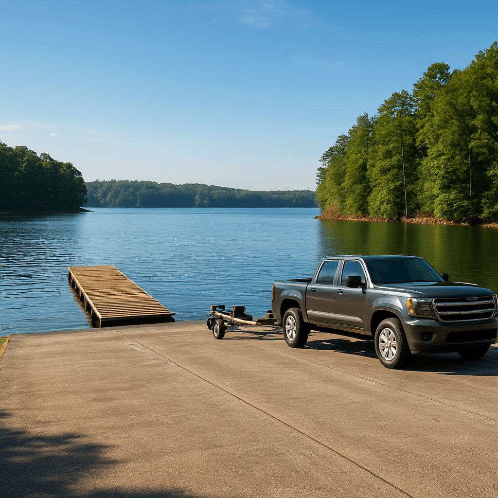 A public concrete boat launch ramp and courtesy dock on Lake Norman