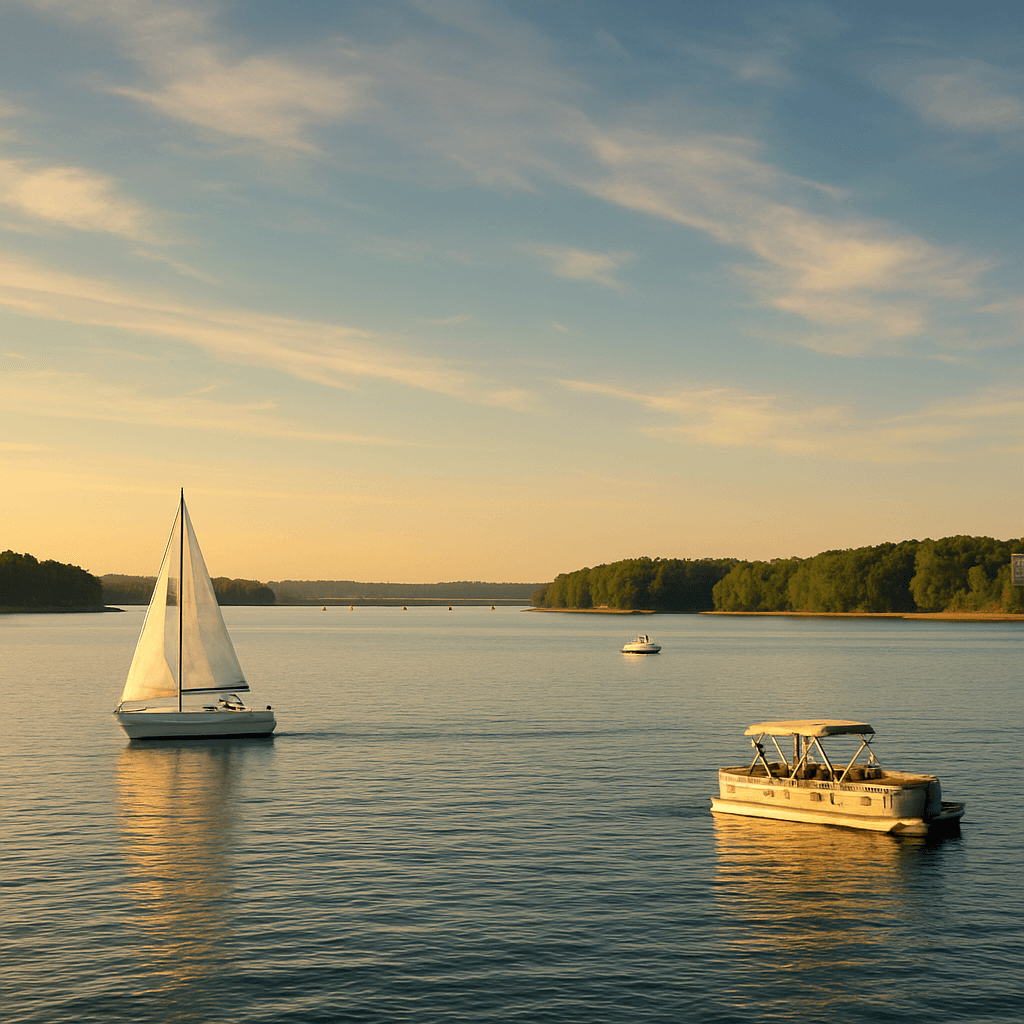 Boats cruising on Lake Norman at golden hour with a bridge in the distance