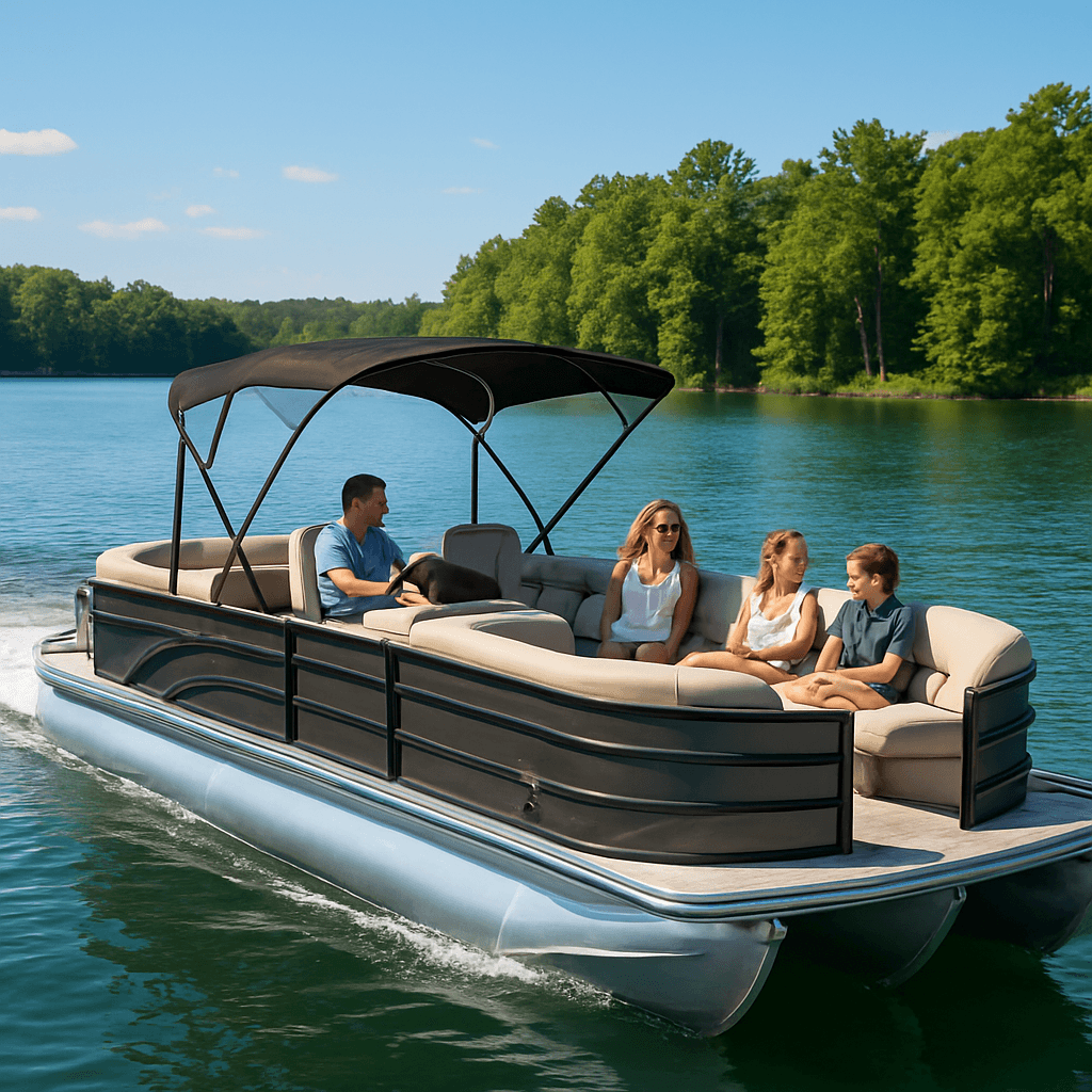 Luxury pontoon boat cruising on Lake Norman on a sunny summer day