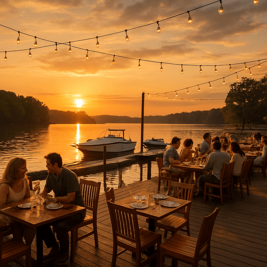 Waterfront restaurant deck on Lake Norman with docked boats at sunset