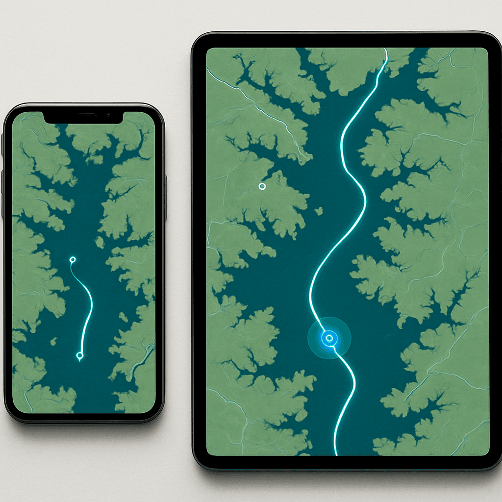 Lake Norman navigational map on a phone showing a boat route following the water channel between two marinas